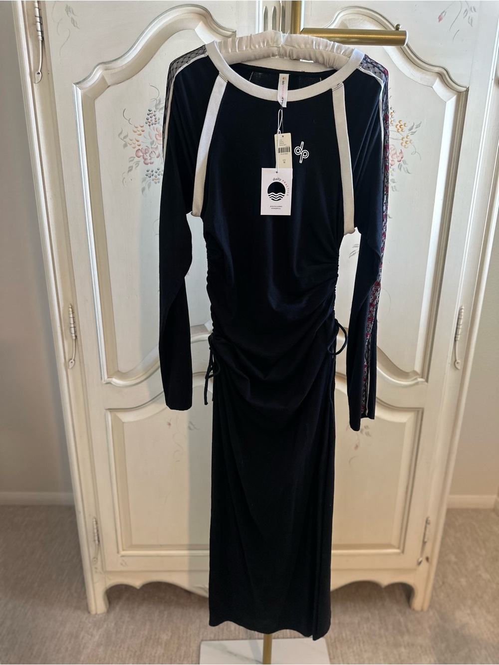 NWT Anthropologie DP Black Ruched Women’s Dress with Contrast Lace Trim Sleeves